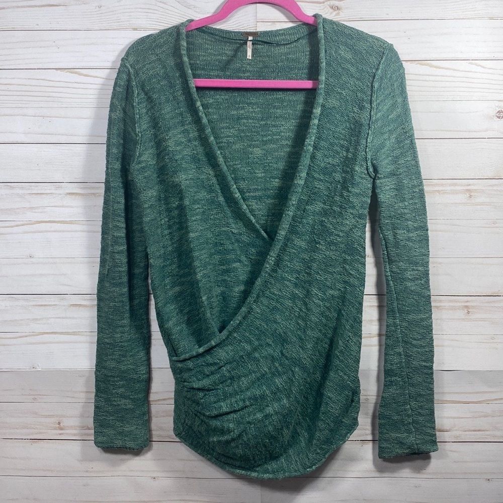 Free People Gotham Green Linen Blend Wrap Front Sweater